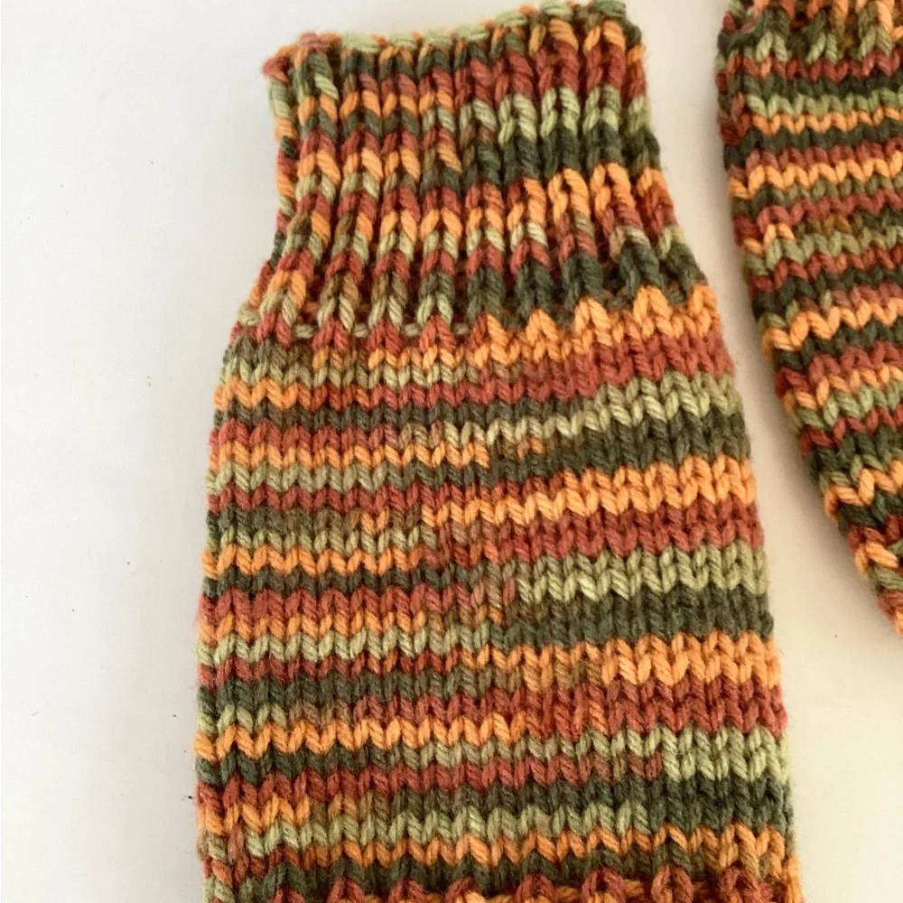 Gloves Fingerless Hand Crafted Colorful Striped Orange Greens Rust Ribbed